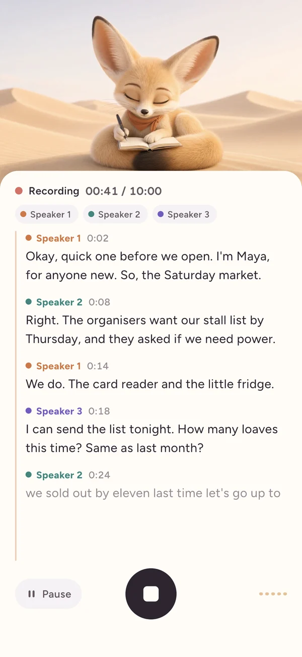 Fenwrite recording a conversation: each line labelled Speaker 1, 2 or 3 as it is said