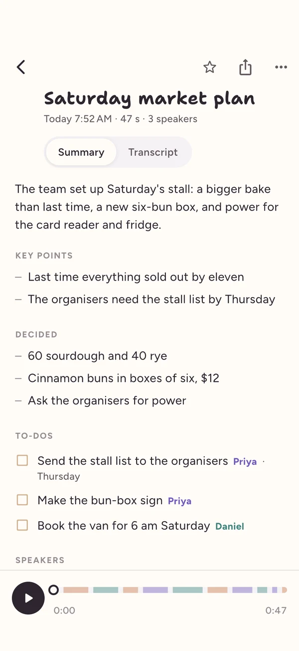 A summary with key points, decisions and to-dos